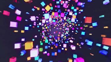 färgrik lysande kuber flytande och roterande i mörk Plats, skapande en fascinerande tunnel effekt, perfekt för digital konst, rörelse grafik, och abstrakt bakgrunder video