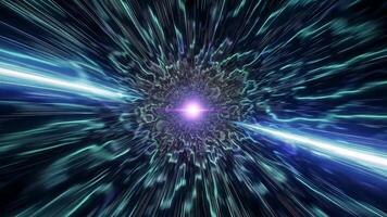 Traveling at light speed through cosmic passages, glowing energy trails and purple light create a mesmerizing visual experience of space exploration and time dilation video