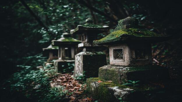 Ancient stone lanterns covered in moss amidst lush greenery in a tranquil forest setting, evoking a sense of serenity and mystery. photo