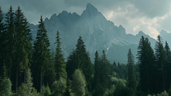 Serene Mountain Landscape Surrounded by Lush Green Forest Under Foreboding Dark Clouds in Majestic Natural Setting