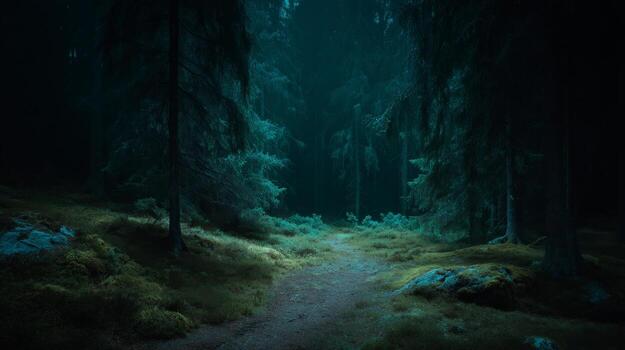 Serene Forest Pathway Surrounded by Tall Trees and Mysterious Fog in a Tranquil Woodland Environment photo
