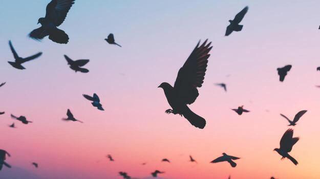 Flock of Birds in the Sky During Sunset with Colorful Gradient Background and Free Movement of Wildlife photo