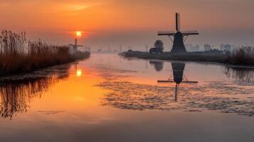 Serene Sunset Over Tranquil Waterway with Windmills and Reflections in the Dutch Landscape photo
