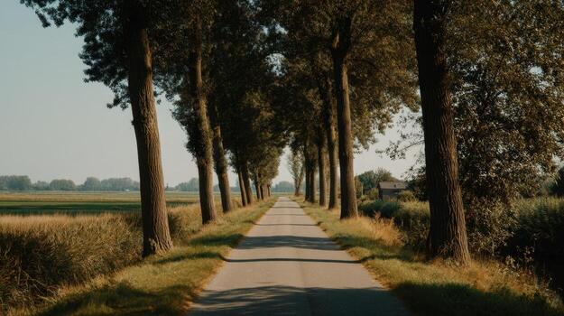 Serene countryside path lined with tall trees and lush greenery on a bright and clear day with distant fields and blue sky photo