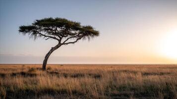 Majestic solitary acacia tree against a golden sunset on the vast savanna landscape showcasing serene natural beauty photo