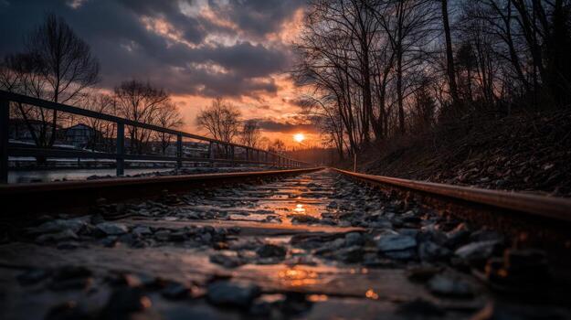 Serene Sunset Over Tranquil Railway Tracks Surrounded by Trees and Reflections in Water with a Dramatic Cloudy Sky photo