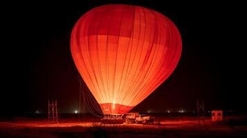 Vibrant Red Hot Air Balloon Glows Brightly Against Night Sky at Outdoor Event with Dramatic Lighting and Scenic Background photo