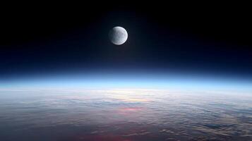 Breathtaking View of Earth from Space with Moon Overhead Against a Darkening Sky and Striking Atmospheric Colors photo
