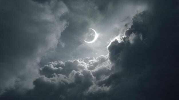 Dramatic Cloudy Sky with Crescent Moon Illuminated by Soft Light Amidst Dark Stormy Clouds at Twilight photo