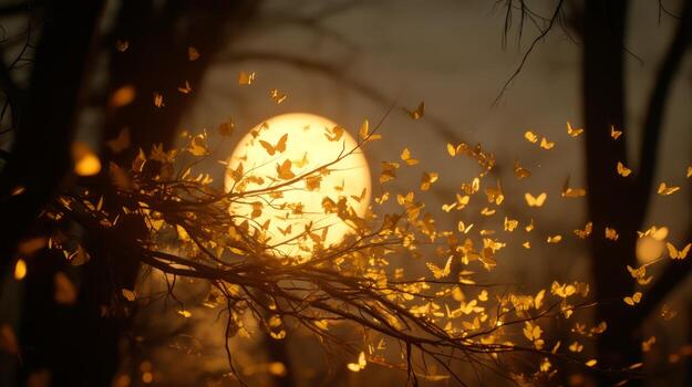 Enchanting Butterflies Dancing in Golden Sunset Light with Silhouetted Trees and Soft Atmospheric Background photo