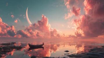 Tranquil Scene with a Lonely Boat in a Serene Sea Under a Colorful Sky with Dramatic Clouds and a Celestial Moon photo