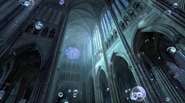 Ethereal Interior of a Gothic Cathedral with Glowing Light and Floating Bubbles in a Dreamlike Atmosphere photo