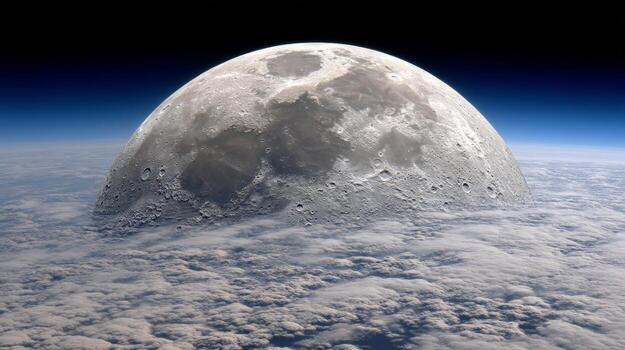 Dramatic View of Full Moon Above Clouds with Stars and Deep Space Background from a High Altitude Perspective photo