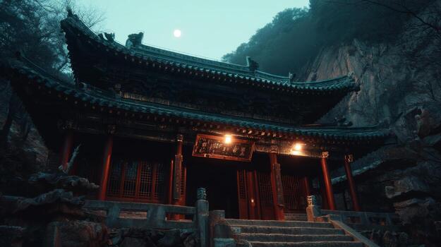 Serene Ancient Temple with Lanterns Under a Full Moon Surrounded by Misty Mountains at Dawn in Tranquil Nature Setting photo