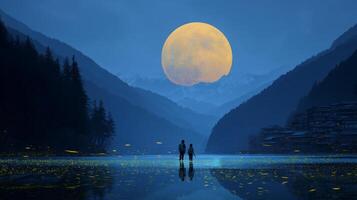 Enchanting Evening Scene with Silhouetted Couples Under a Giant Moonlight Over Serene Lake and Mountains photo