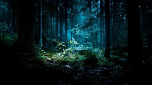 Enchanting Mystical Forest with Soft Blue Light Filtering Through Trees and Dense Underbrush in a Quiet Natural Landscape photo