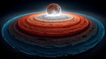 Abstract design of layers with moon glowing above, showcasing vibrant colors of red, blue, and natural textures in outer space photo