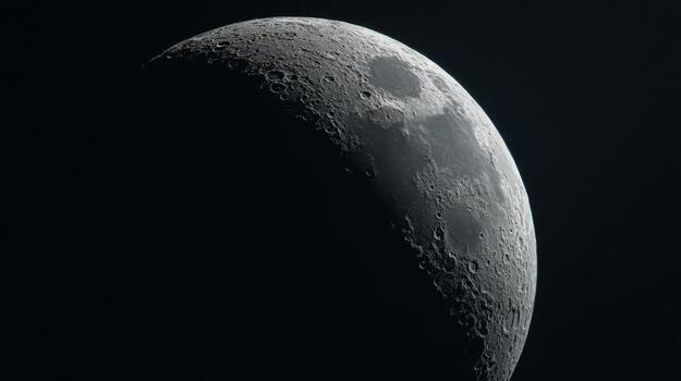 Close-up View of Crescent Moon with Detailed Surface Features and Texture Displaying Craters and Shadows Against Black Background photo