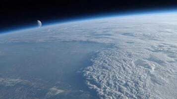 Stunning View of Earth from Space with Cloud Patterns and Moon in Background, Captured from High Altitude Perspective photo