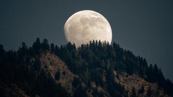 Majestic Full Moon Rising Over Lush Mountain Landscape at Dusk with Clear Night Sky and Pine Trees in Foreground photo