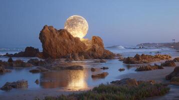 Surreal Moonrise Over Rocky Beach at Dusk with Reflections in Calm Water and Natural Surroundings photo