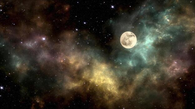 Ethereal Cosmic Landscape with Bright Full Moon Surrounded by Colorful Nebulae and Twinkling Stars in the Vast Universe photo