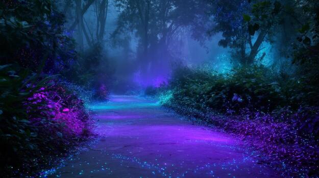Enchanted Pathway in a Mystical Forest with Vibrant Colors and Ethereal Glow at Dusk photo