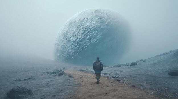 Mysterious Journey Toward a Giant Moon in Foggy Landscape with a Lone Traveler on a Dirt Path Through an Otherworldly Scene photo