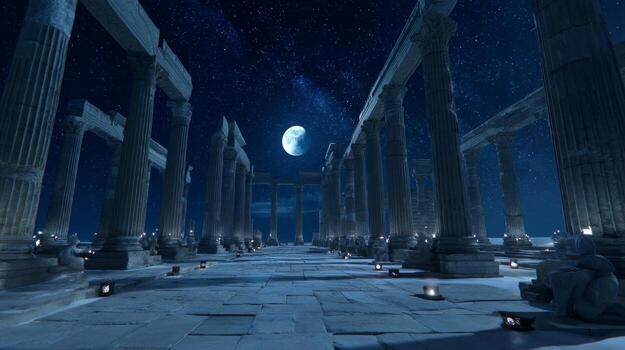 Ancient ruins illuminated under moonlight, showcasing tall columns and a starry night sky photo