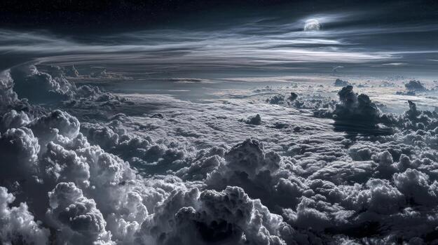 Dark and Mysterious Sky Over a Sea of Clouds at Night with Soft Light from the Moon photo