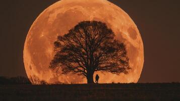 Majestic Moonrise Over Silhouette of Tree and Alone Figure in Atmospheric Landscape photo