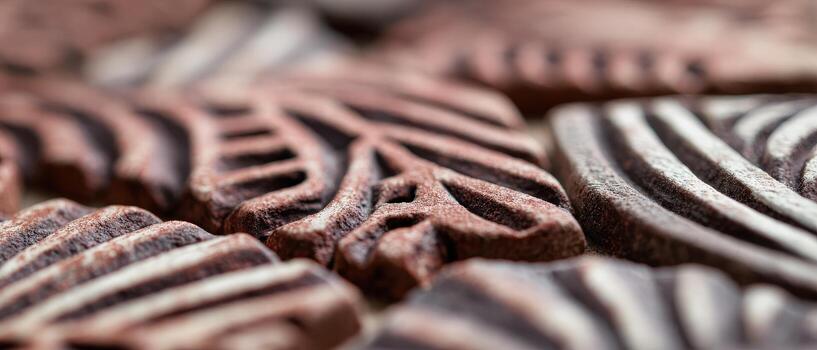 Macro shot of delicious chocolate cookies with leaf pattern, showcasing intricate details and textures Concept of indulgence, dessert, and sweet treat photo