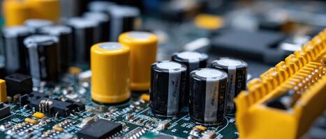 Macro shot of electronic circuit board with capacitors and components Concept of technology, engineering, and microelectronics photo