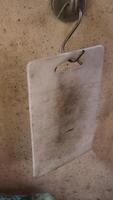An old plastic cutting board with signs of use and stains, could introduce germs into food photo