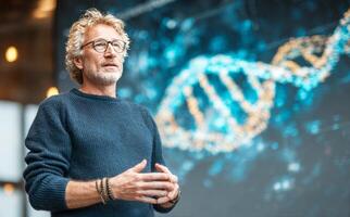 Scientist explaining dna structure with hologram projection in futuristic laboratory photo