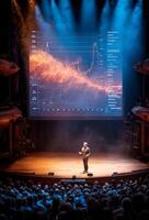 Motivational speaker giving presentation about stock market to large audience in theatre photo