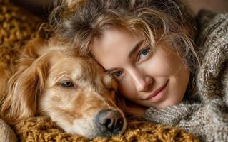 Woman relaxing with her golden retriever dog on knitted blanket photo