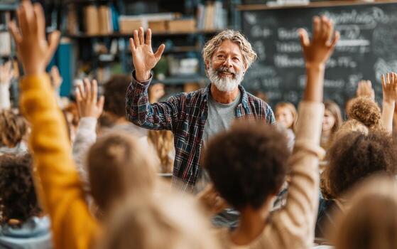 Smiling teacher waving to elementary school students raising hands in classroom photo