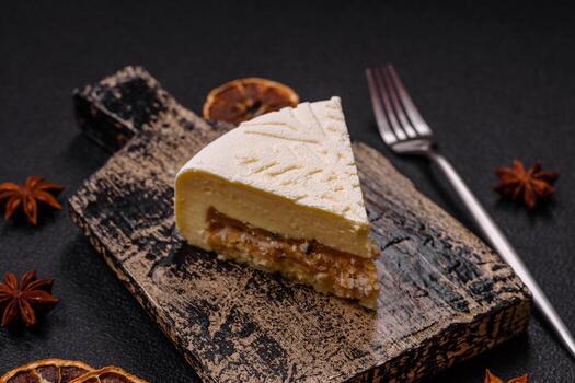 Piece of cheesecake with nuts and berries with winter pattern on a wooden cutting board photo