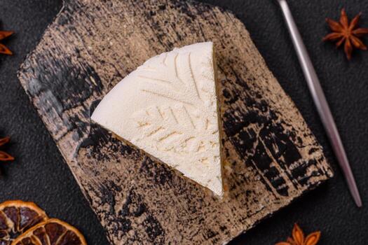 Cheesecake with nuts and berries with winter pattern photo