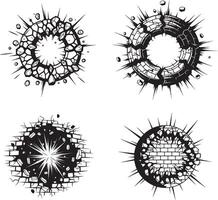 Cracked circular explosion radiating impact design set vector