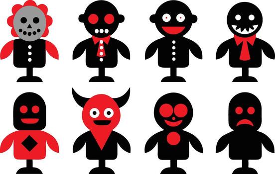 a set of black and red cartoon characters with different expressions vector