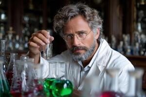 Scientist conducts experiments in a vintage laboratory filled with colorful beakers and flasks photo