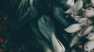 Rich Green Leaves and White Petals in a Moody Close Up Composition. photo