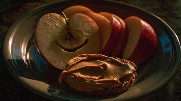 A Happy Face Snack Apple Slices with Peanut Butter Treat. photo