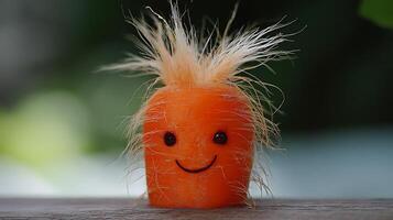 Happy Carrot Character with Green Background and Textured Surface. photo