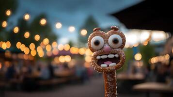 Fun Face Pretzel Character with Festive Bokeh Lights in the Background. photo