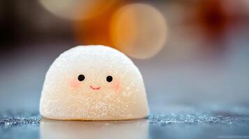 Adorable mochi character smiling with warm background lights. photo