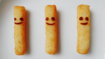 Three Happy Fried Food Sticks on a White Plate Looking Upwards. photo