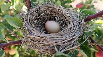 A Single Speckled Egg Rests Safely in a Twig Bird's Nest. photo